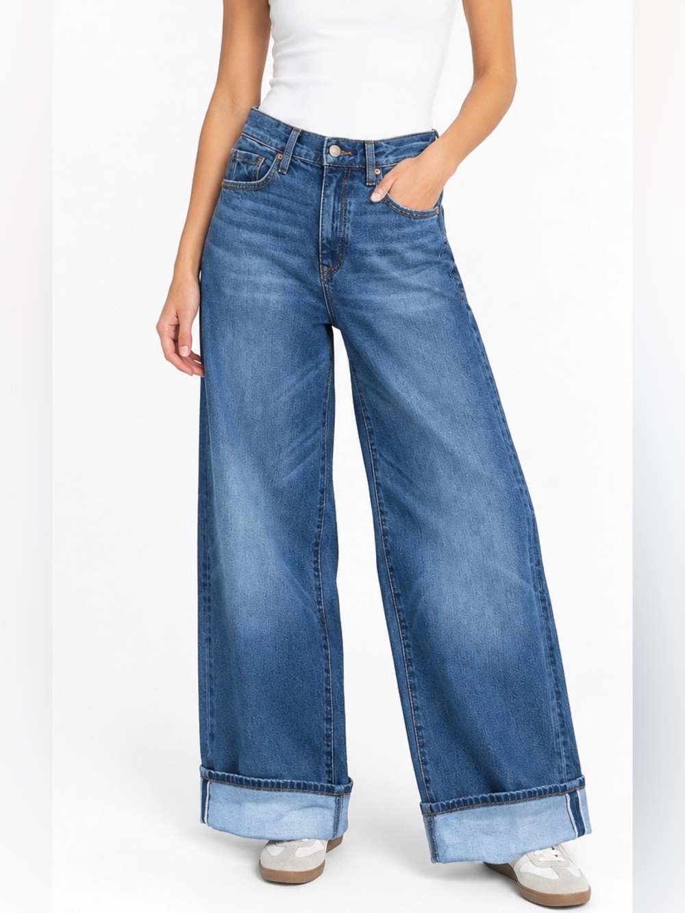 EVEREVE Selvedge Ever Denim w Cuff Wide Leg High Rise Blue Jeans 24